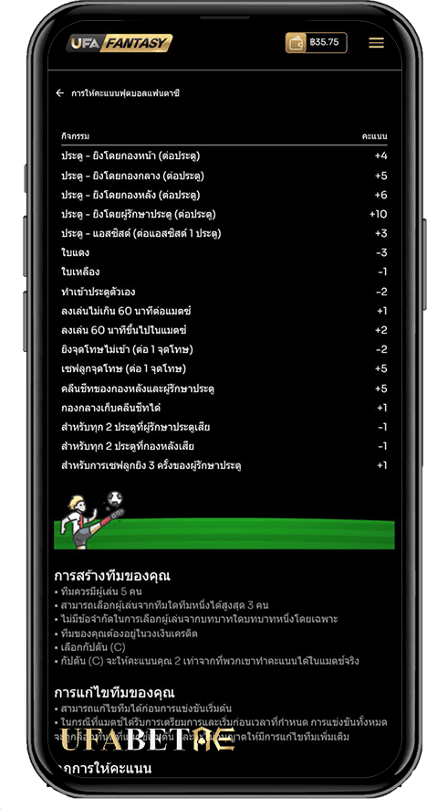การบวกคะแนนของระบบเกมยูฟ่า  UFA Fantasy 