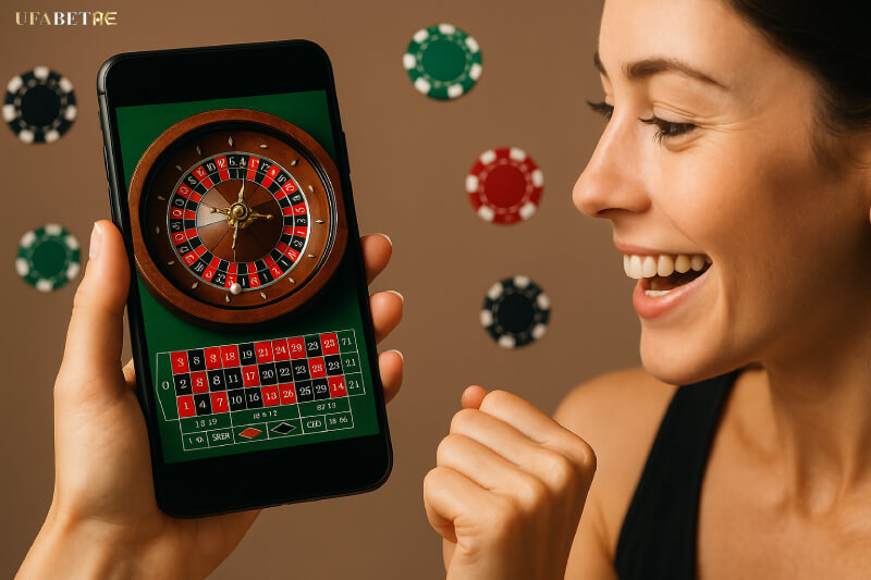 ผู้หญิงกำลังเล่น รูเล็ตมือถือ ด้วยรอยยิ้มดีใจ