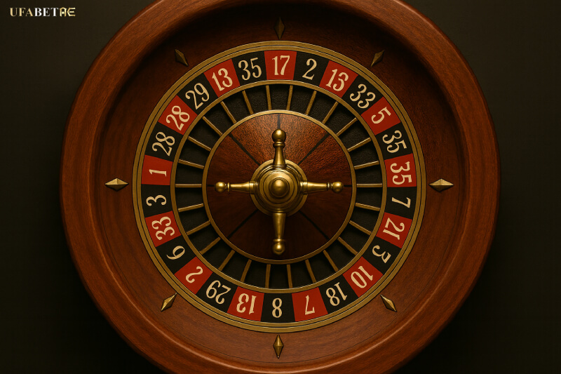 วงล้อ เกมรูเล็ต ไม้สวยงาม มุมมองจากด้านบนในคาสิโน