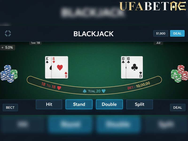 หน้าจอ เกมไพ่ออนไลน์ แบล็คแจ็คออนไลน์ ตัวเลือก Hit Stand Double Split กลยุทธ์พื้นฐาน