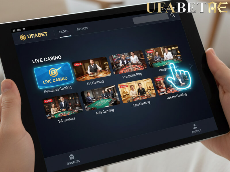 แท็บเล็ตแสดงหน้า เกมไพ่คาสิโนออนไลน์ Live Casino ค่ายเกม Blackjack Evolution Gaming และ Pragmatic Play