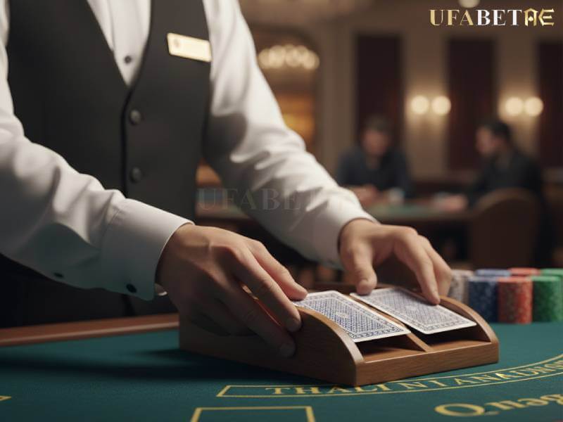 พนักงานคาสิโนในชุดเครื่องแบบกำลังแจกไพ่ แบล็คแจ็คออนไลน์ บนโต๊ะเดิมพันสีเขียว