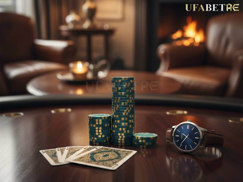 กองชิปคาสิโน ไพ่ และนาฬิกาข้อมือบนโต๊ะไม้ในห้องพักผ่อนสุดหรู คาสิโนออนไลน์ฝากถอนออโต้