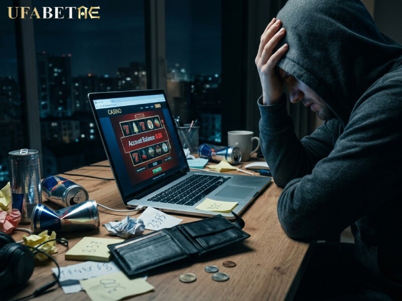 ชายหนุ่มนั่งกุมขมับด้วยความเครียดหน้าคอมพิวเตอร์ที่แสดงหน้าจอเงินเหลือศูนย์ สื่อถึงผลกระทบจากการขาดสติในการ เล่นคาสิโนออนไลน์