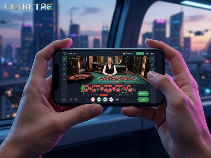 มือถือแสดงหน้าเกมรูเล็ตแบบไลฟ์สดในบรรยากาศล้ำสมัย สื่อถึงการเริ่มต้นเรียนรู้วิธีการเล่น คาสิโนเว็บตรง สำหรับมือใหม่