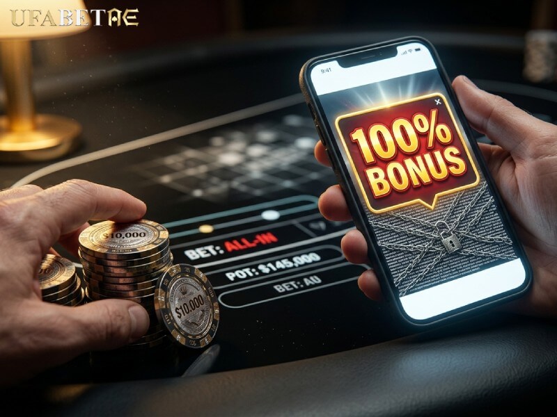 หน้าจอมือถือแสดงโปรโมชั่น "100% Bonus" พร้อมรูปโซ่และกุญแจล็อก สื่อถึงความสำคัญของการอ่านเงื่อนไขโบนัส คาสิโนสดออนไลน์
