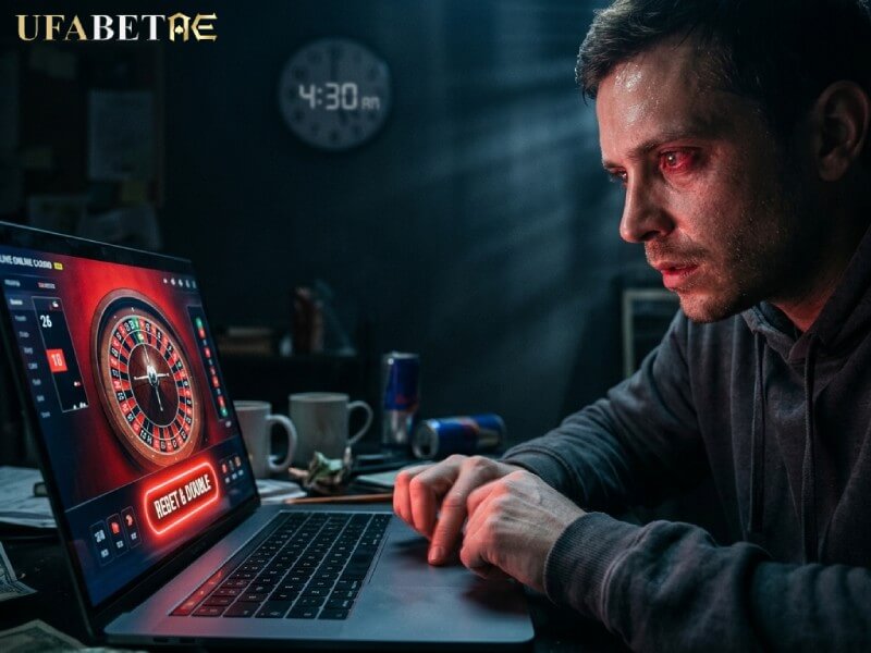 ชายหนุ่มหน้าตาอิดโรยและตาแดงก่ำนั่งเล่นเกมรูเล็ตตอนตี 4:30 สื่อถึงอันตรายของการเล่น เกมคาสิโนออนไลน์ ติดต่อกันนานเกินไปจนขาดการควบคุม