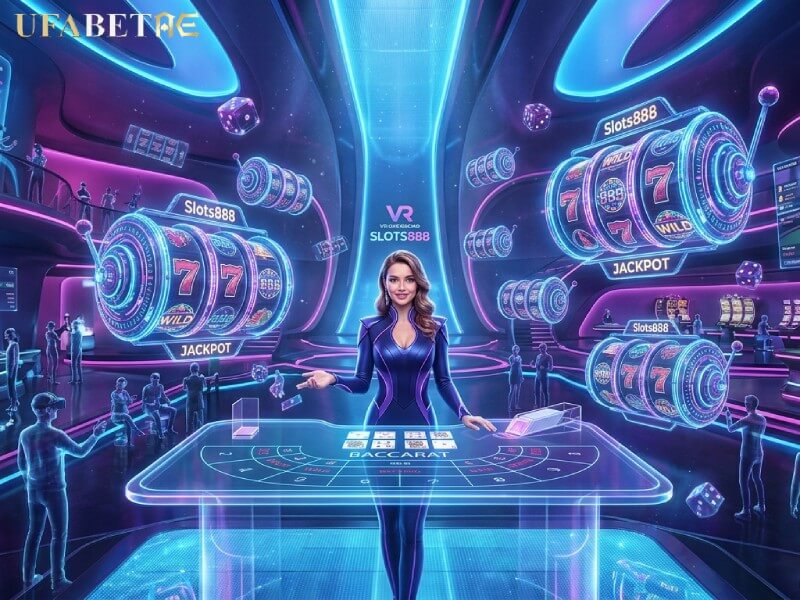 กราฟิกคาสิโนเสมือนจริงในธีมสีนีออน มีตู้สล็อตลอยตัวและดีลเลอร์สาวสวย สื่อถึงความดึงดูดใจและสิ่งที่ควรระวังในเกมสล็อต เว็บคาสิโนออนไลน์