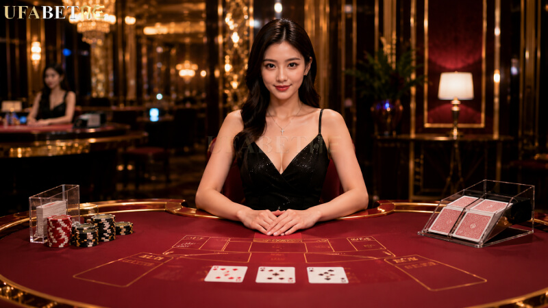ดีลเลอร์สาวสวยในชุดราตรีสีดำนั่งยิ้มอยู่ที่โต๊ะ คาสิโนยูฟ่าเบท ที่มีชิปและไพ่เตรียมพร้อมให้บริการ